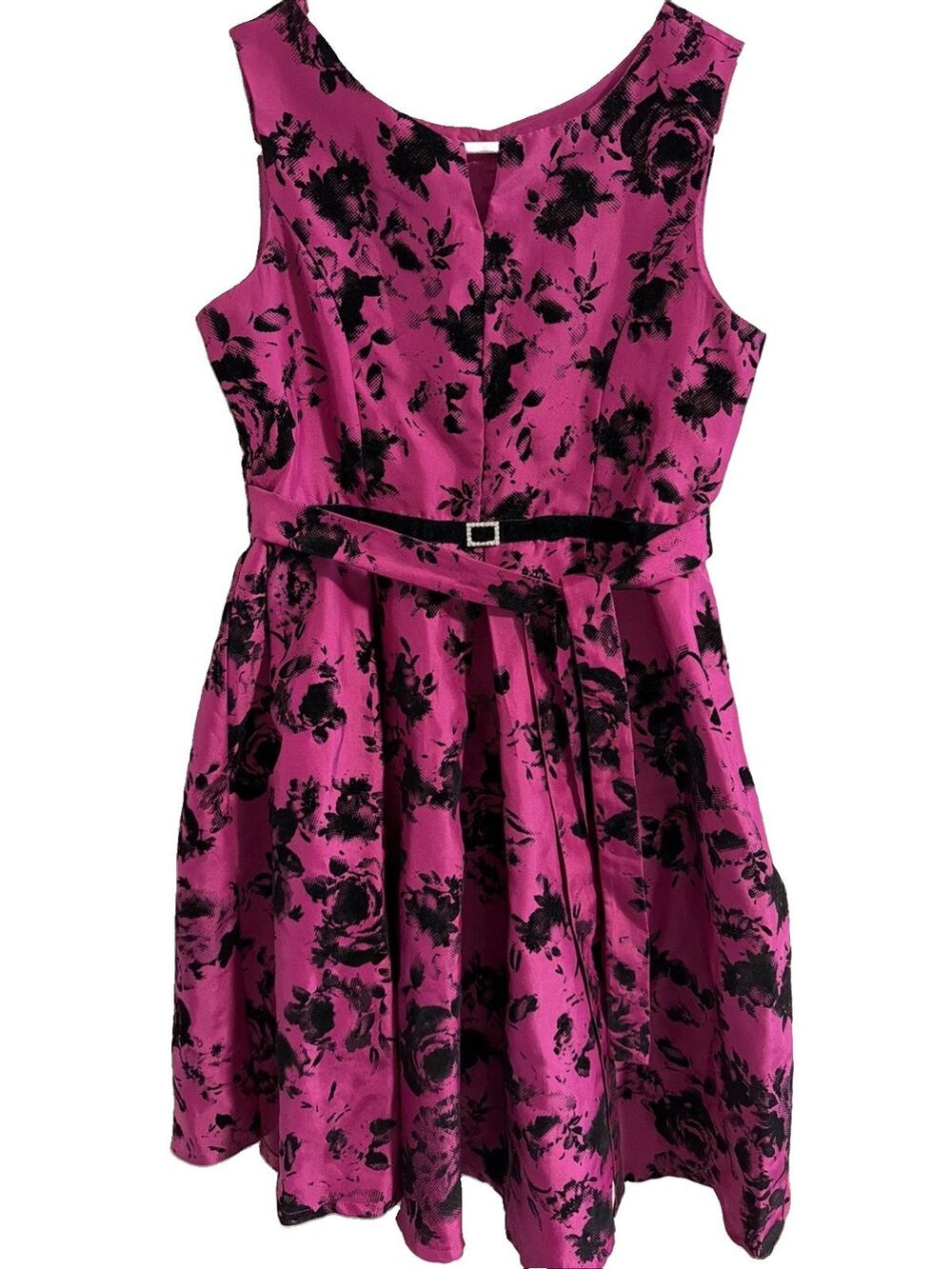 Jona Michelle Girls Hot Pink Black Velvet Flocked Floral Dress Size 12 Party